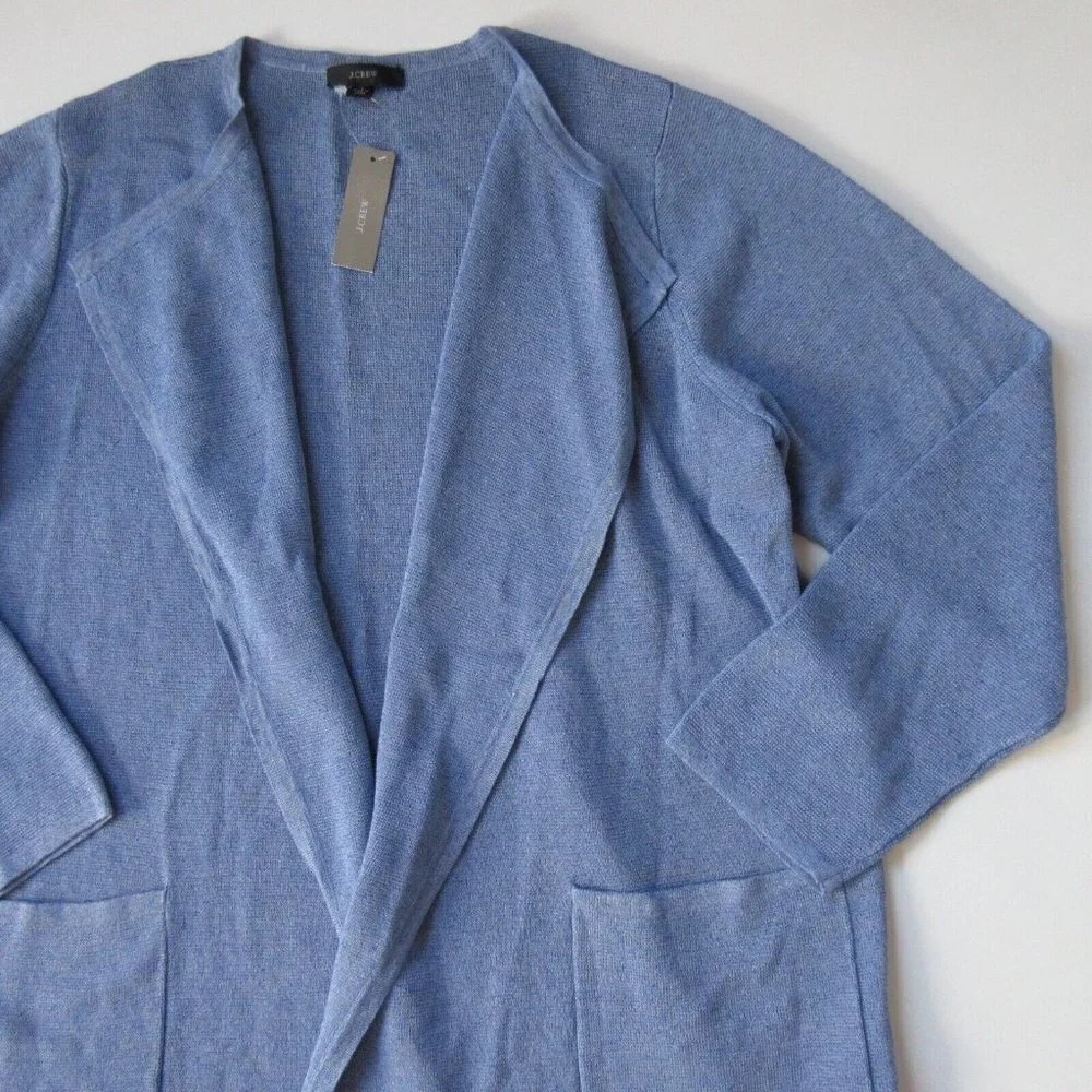 NWT J.Crew Juliette in Periwinkle Linen Open Knit Collarless Sweater Blazer M